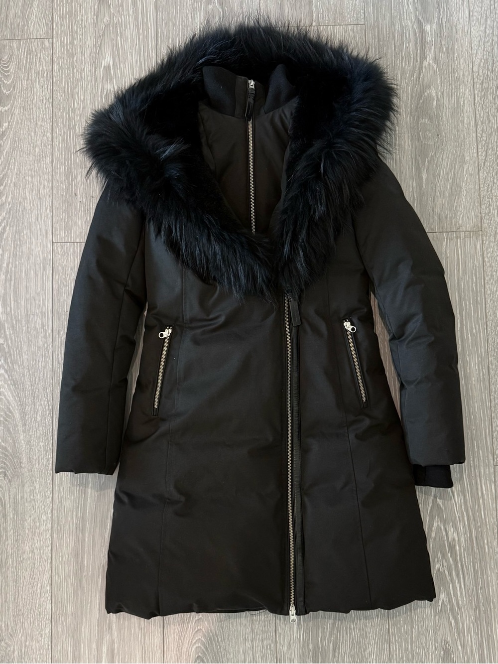 Mackage Black Long Puffer Coat with Faux Fur Trim